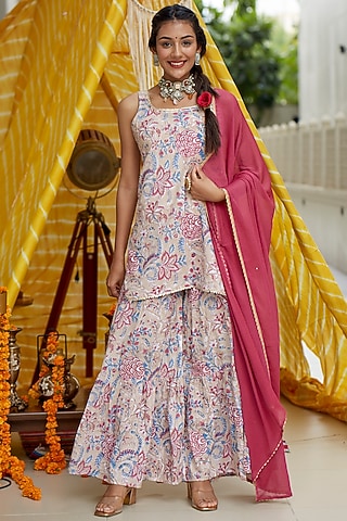 Blush Pink Floral Printed Tiered Sharara Set by Ruchira Nangalia