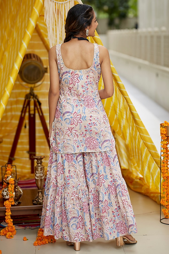 Blush Pink Floral Printed Tiered Sharara Set by Ruchira Nangalia at Pernia's Pop Up Shop