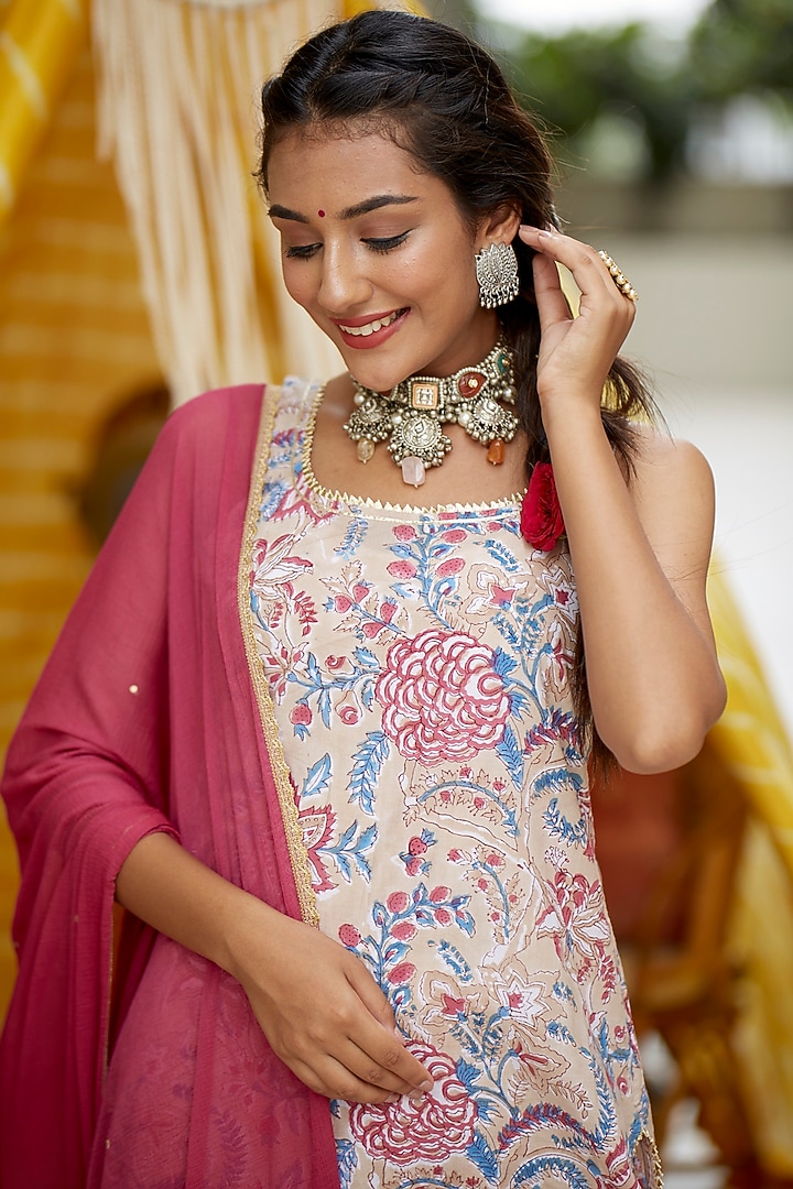 Blush Pink Floral Printed Tiered Sharara Set by Ruchira Nangalia at Pernia's Pop Up Shop