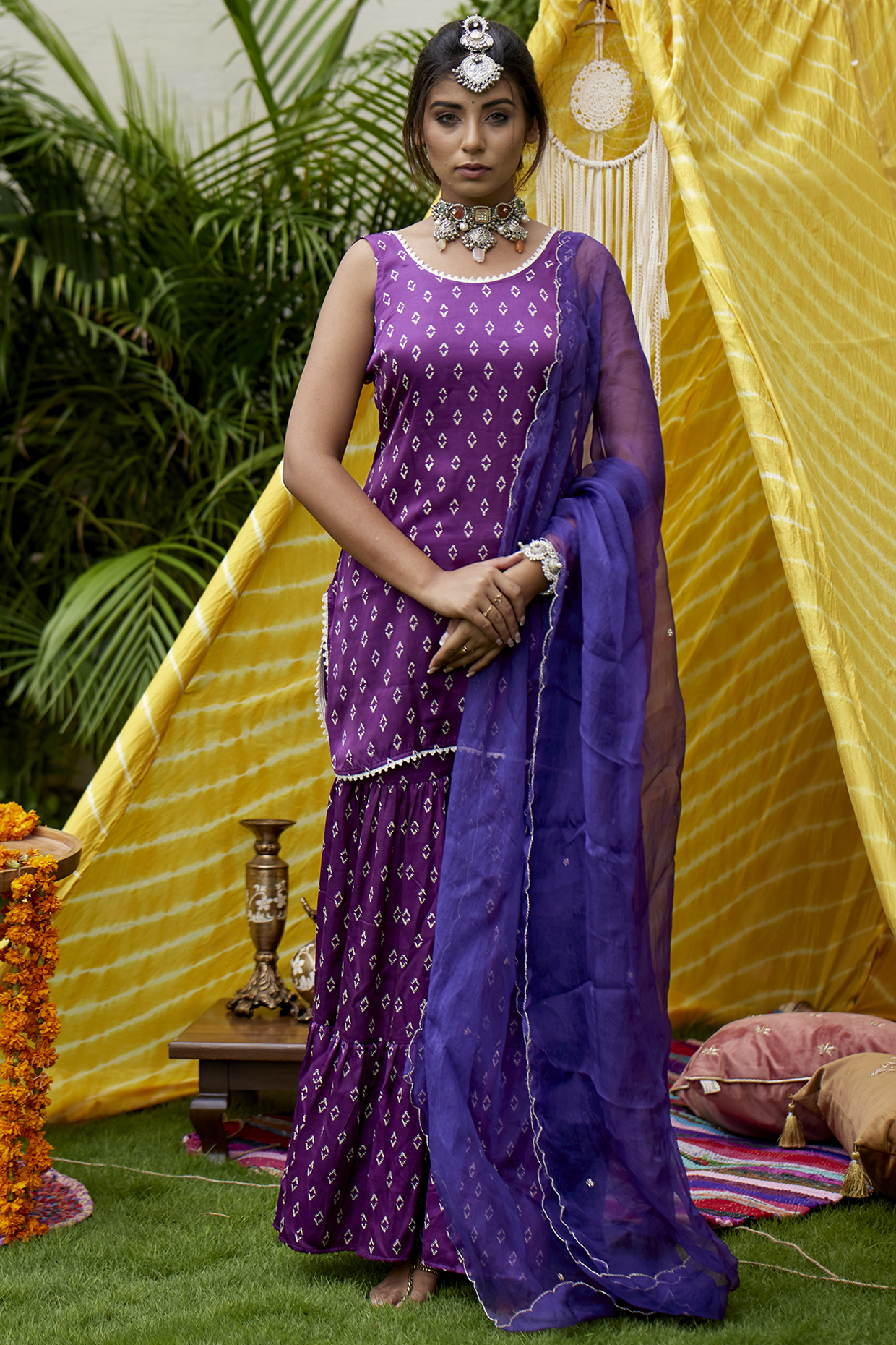 Purple Bandhani Printed Tiered Sharara Set by Ruchira Nangalia