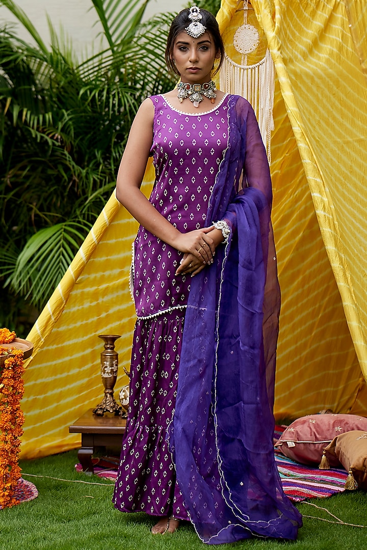 Purple Bandhani Printed Tiered Sharara Set by Ruchira Nangalia