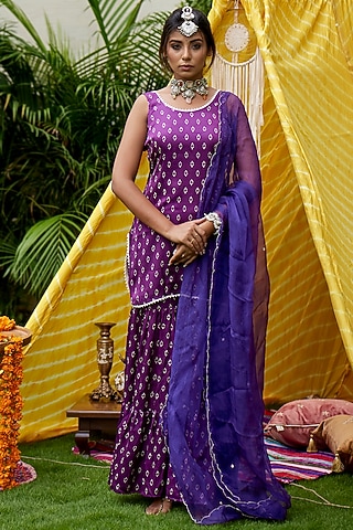 Purple Bandhani Printed Tiered Sharara Set by Ruchira Nangalia