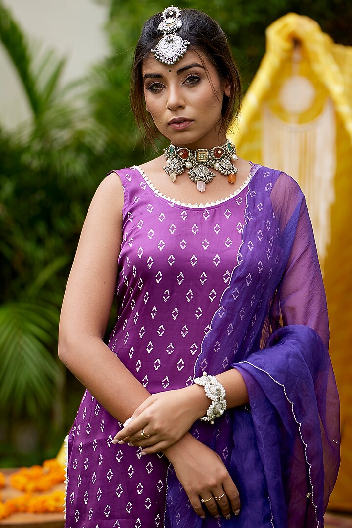 Purple Bandhani Printed Tiered Sharara Set by Ruchira Nangalia at Pernia's Pop Up Shop