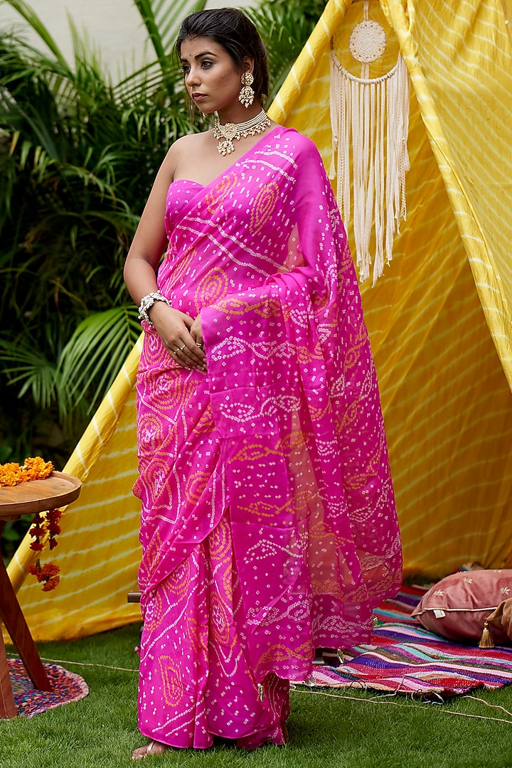 Magenta Hand-Dyed Leheriya Saree With Unstitched Blouse by Ruchira Nangalia