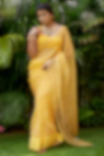 Yellow Hand-Dyed Leheriya Saree With Attached Unstitched Blouse by Ruchira Nangalia at Pernia's Pop Up Shop