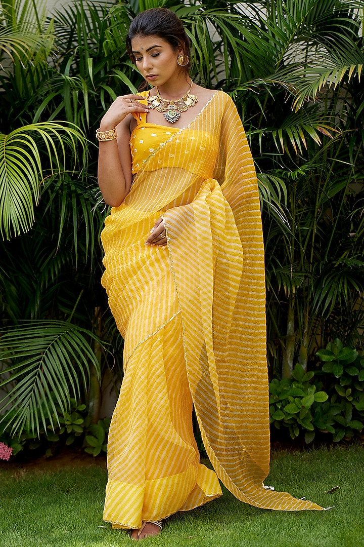 Yellow Hand-Dyed Leheriya Saree With Attached Unstitched Blouse by Ruchira Nangalia