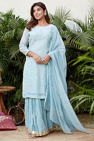 Powder Blue Mulmul Skirt Set by Ruchira Nangalia