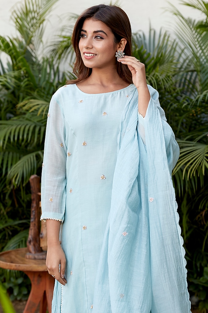 Powder Blue Mulmul Skirt Set by Ruchira Nangalia at Pernia's Pop Up Shop