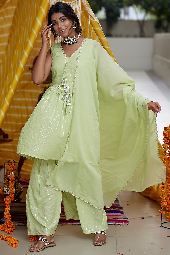 Mint Green Mulmul Tiered Sharara Set by Ruchira Nangalia
