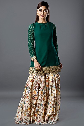 Green & Beige Gharara Set by Ruchira Nangalia