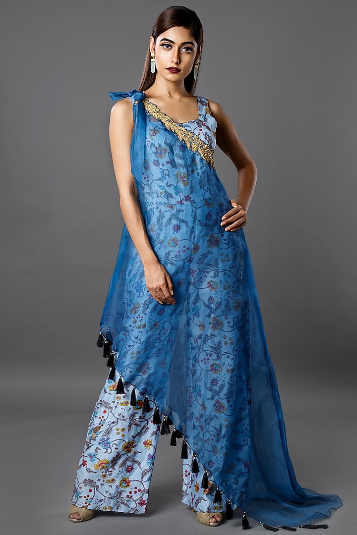 Powder Blue Printed Jumpsuit With Cape Design by Ruchira Nangalia at ...