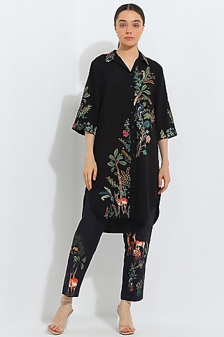Black Linen Blend Hand Embellished Tunic by Ranna Gill