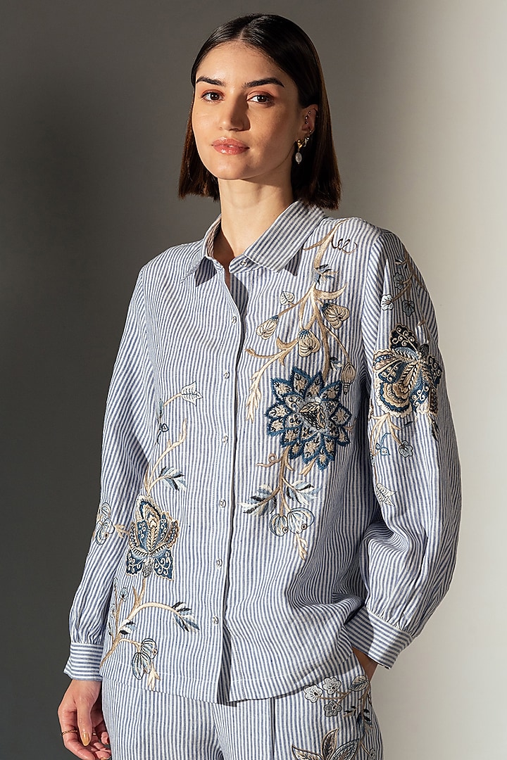Blue Linen Blend Stripe Printed Shirt by Ranna Gill