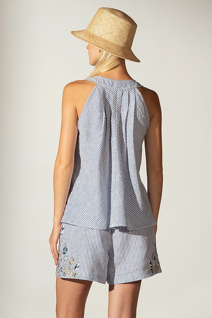 Blue Linen Blend Stripe Printed Tank Top by Ranna Gill at Pernia's Pop Up Shop