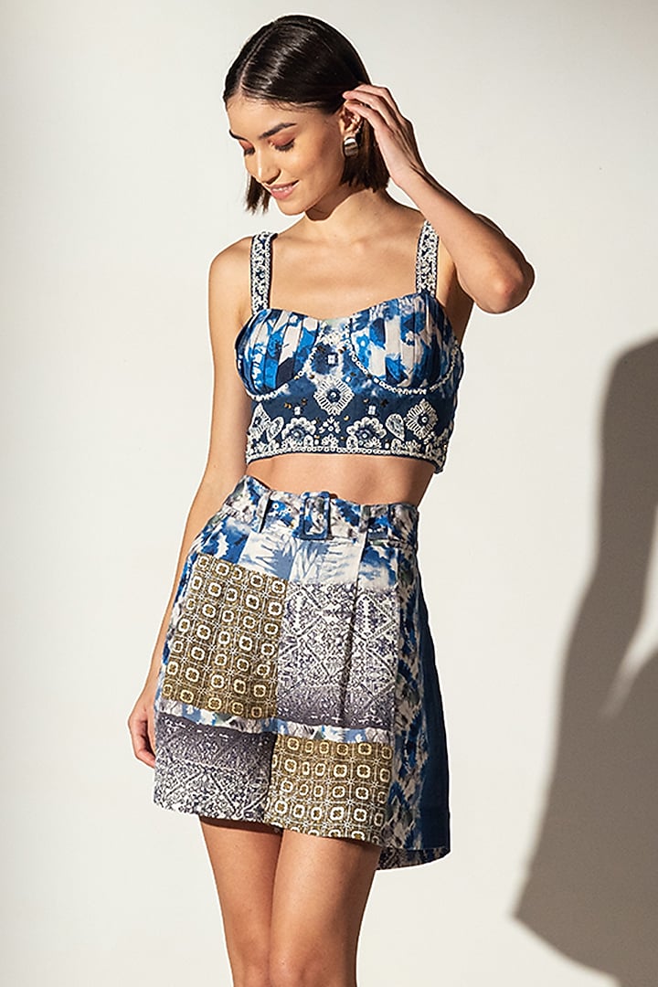 Multi-Colored Linen Blend Shibori Printed Shorts by Ranna Gill at Pernia's Pop Up Shop