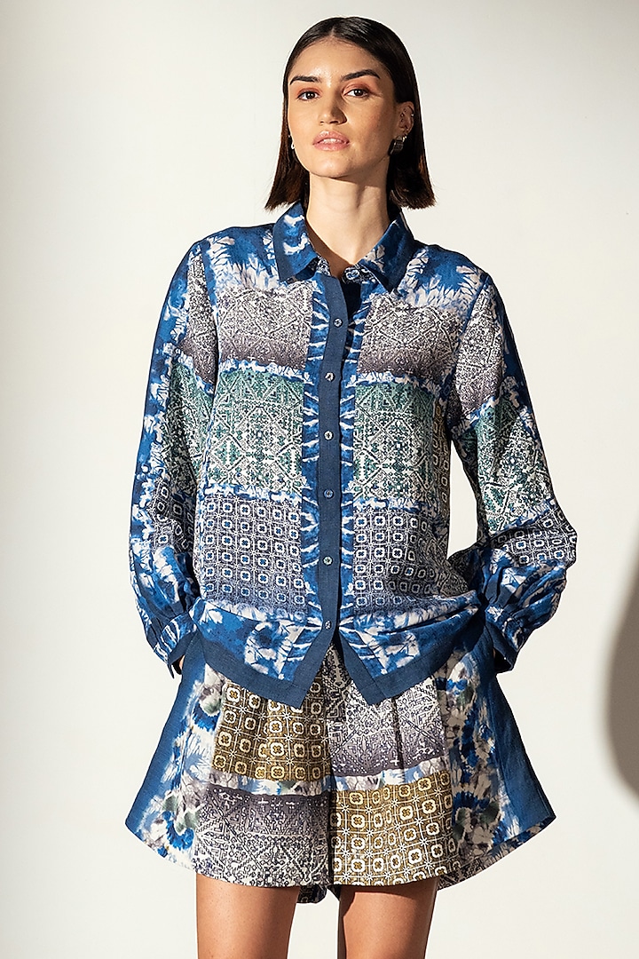 Multi-Colored Linen Blend Shibori Printed Shirt by Ranna Gill