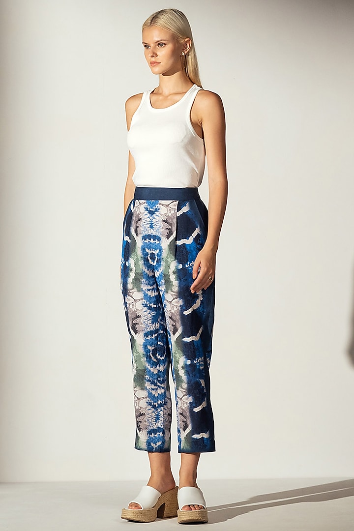 Multi-Colored Linen Blend Shibori Printed Pants by Ranna Gill