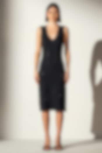 Black Cotton Blend Rhinestone Embellished Bodycon Midi Dress by Ranna Gill