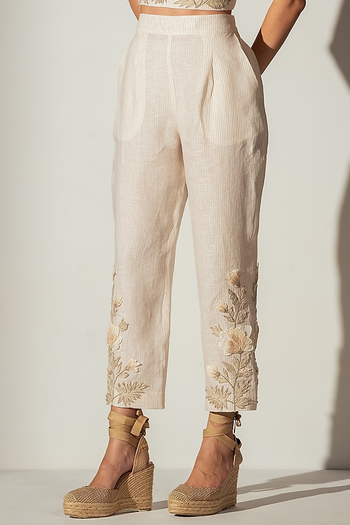 Ivory Linen Blend Bloom Printed Pants by Ranna Gill