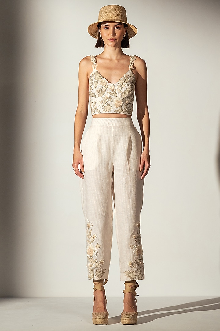 Ivory Linen Blend Bloom Printed Corset by Ranna Gill at Pernia's Pop Up Shop