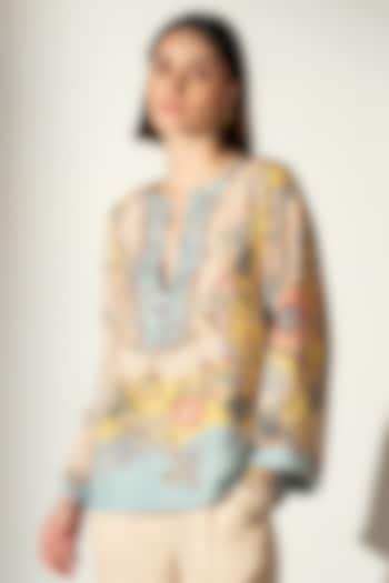 Multi-Colored Linen Blend Bloom Printed Boho Blouse by Ranna Gill