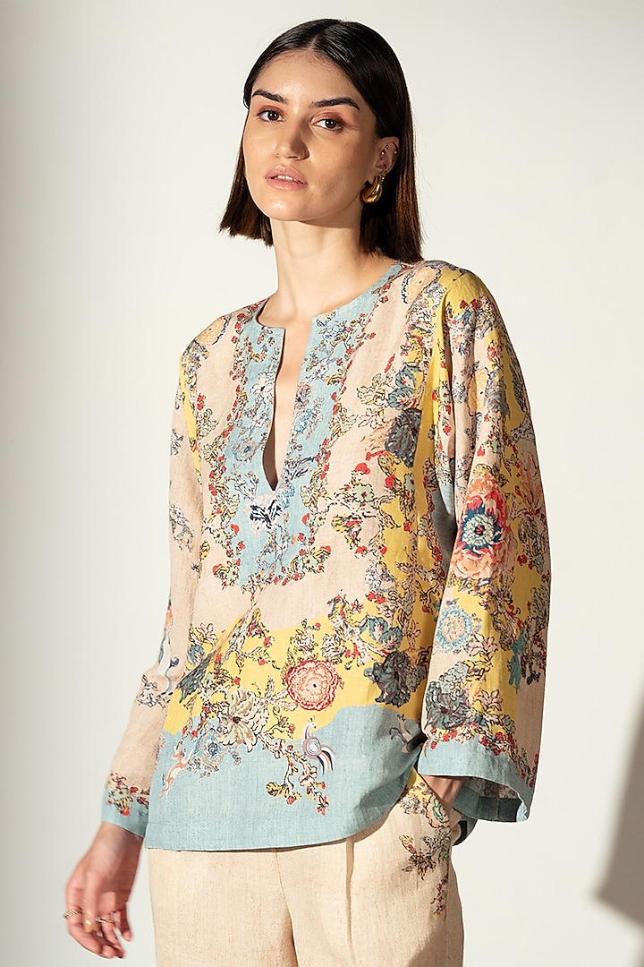 Multi-Colored Linen Blend Bloom Printed Boho Blouse by Ranna Gill