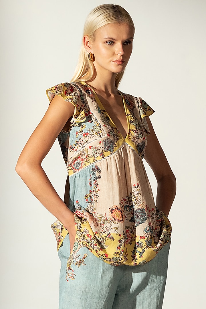 Multi-Colored Linen Blend Bloom Printed Top by Ranna Gill
