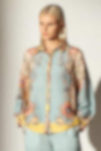 Multi-Colored Linen Blend Bloom Printed Shirt by Ranna Gill