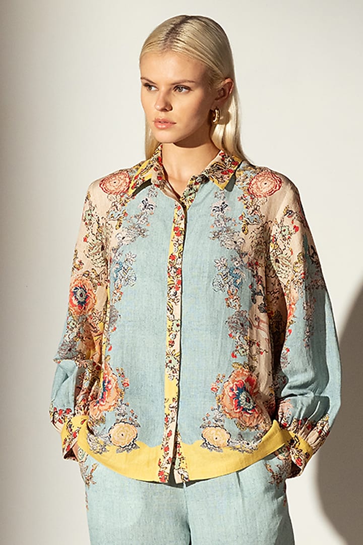 Multi-Colored Linen Blend Bloom Printed Shirt by Ranna Gill