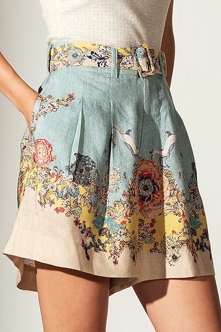 Multi-Colored Linen Blend Bloom Printed Shorts by Ranna Gill