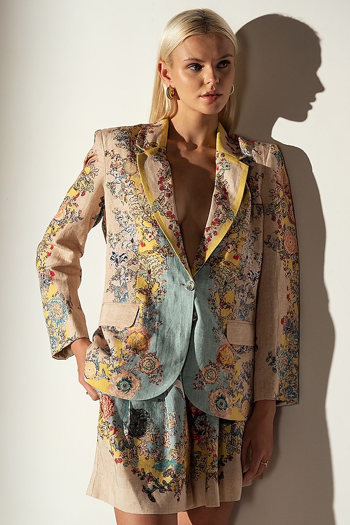 Multi-Colored Linen Blend Bloom Printed Jacket by Ranna Gill