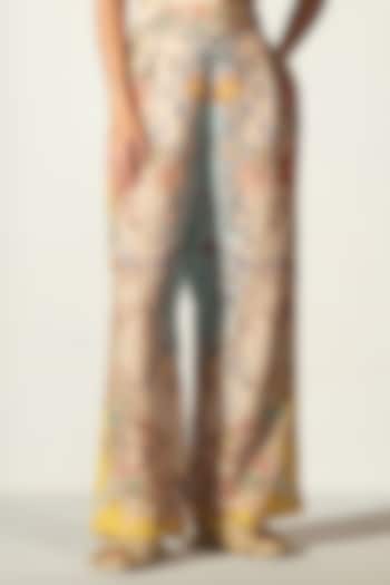 Multi-Colored Linen Blend Bloom Printed Wide-Leg Pants by Ranna Gill