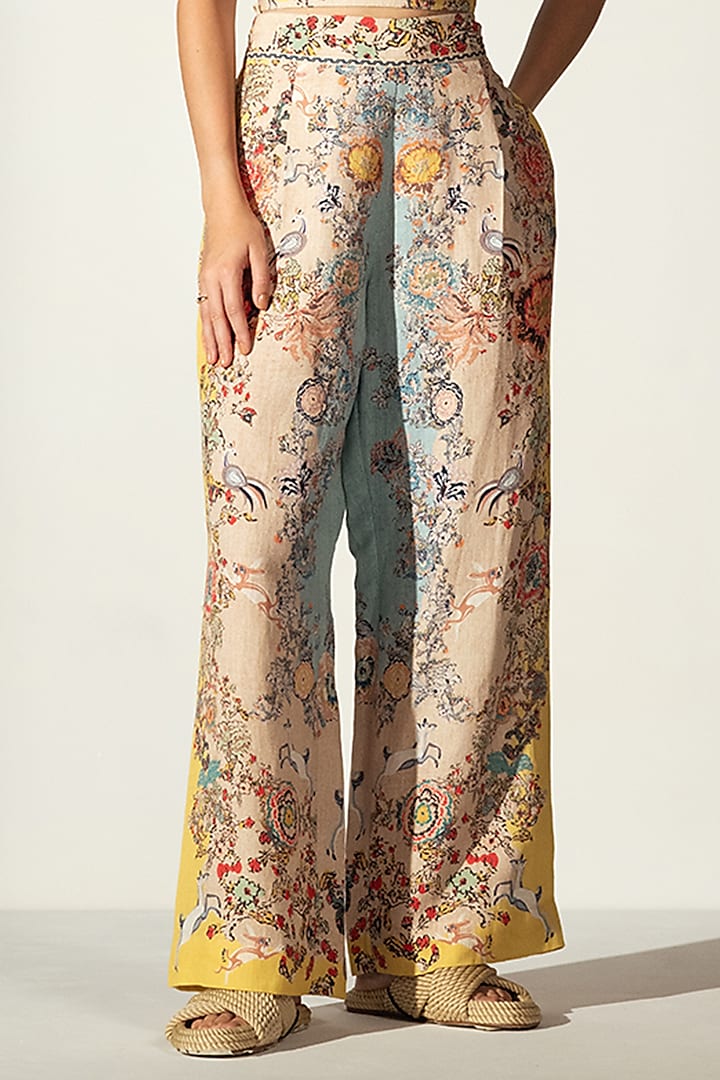 Multi-Colored Linen Blend Bloom Printed Wide-Leg Pants by Ranna Gill