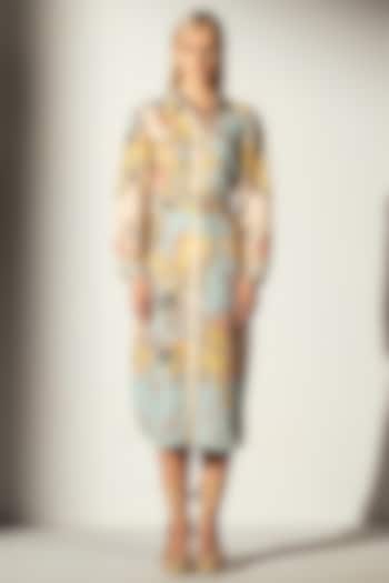 Multi-Colored Linen Blend Bloom Printed Midi Shirt Dress by Ranna Gill