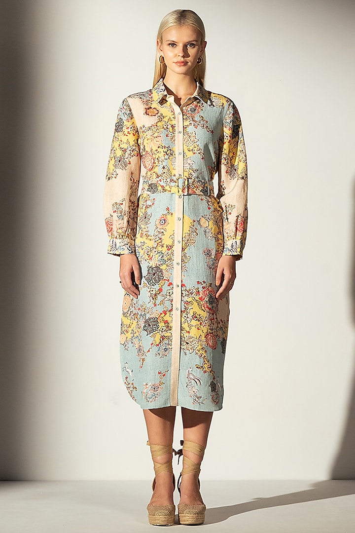 Multi-Colored Linen Blend Bloom Printed Midi Shirt Dress by Ranna Gill