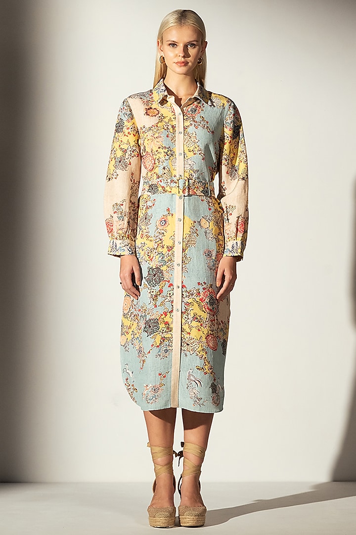 Multi-Colored Linen Blend Bloom Printed Midi Shirt Dress by Ranna Gill at Pernia's Pop Up Shop