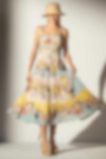 Multi-Colored Linen Bloom Printed Midi Dress by Ranna Gill