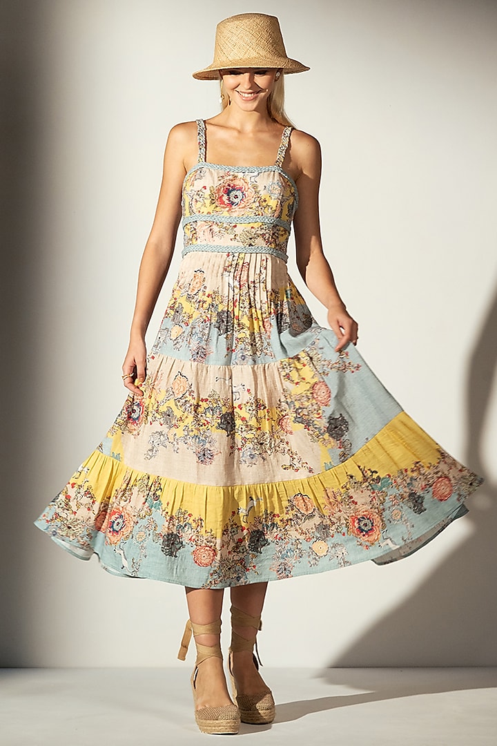 Multi-Colored Linen Bloom Printed Midi Dress by Ranna Gill