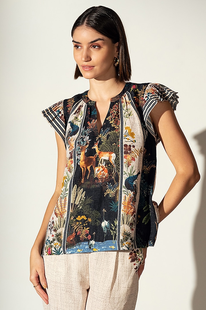 Multi-Colored Linen Blend Amazon Printed Top by Ranna Gill