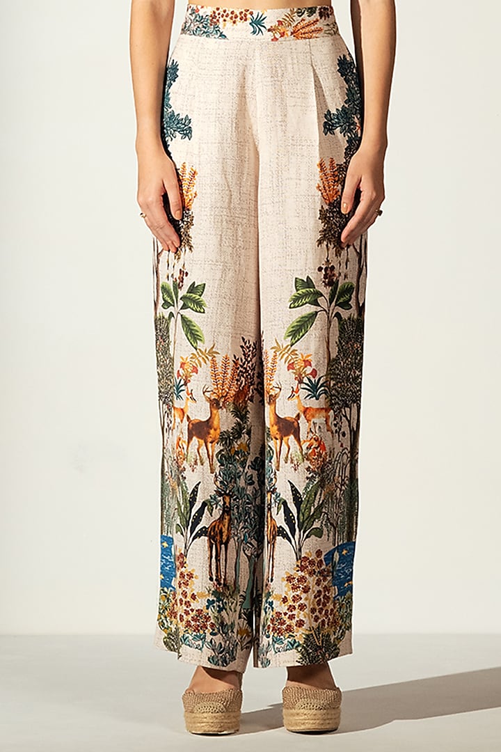 Multi-Colored Linen Blend Amazon Printed Wide-Leg Pants by Ranna Gill
