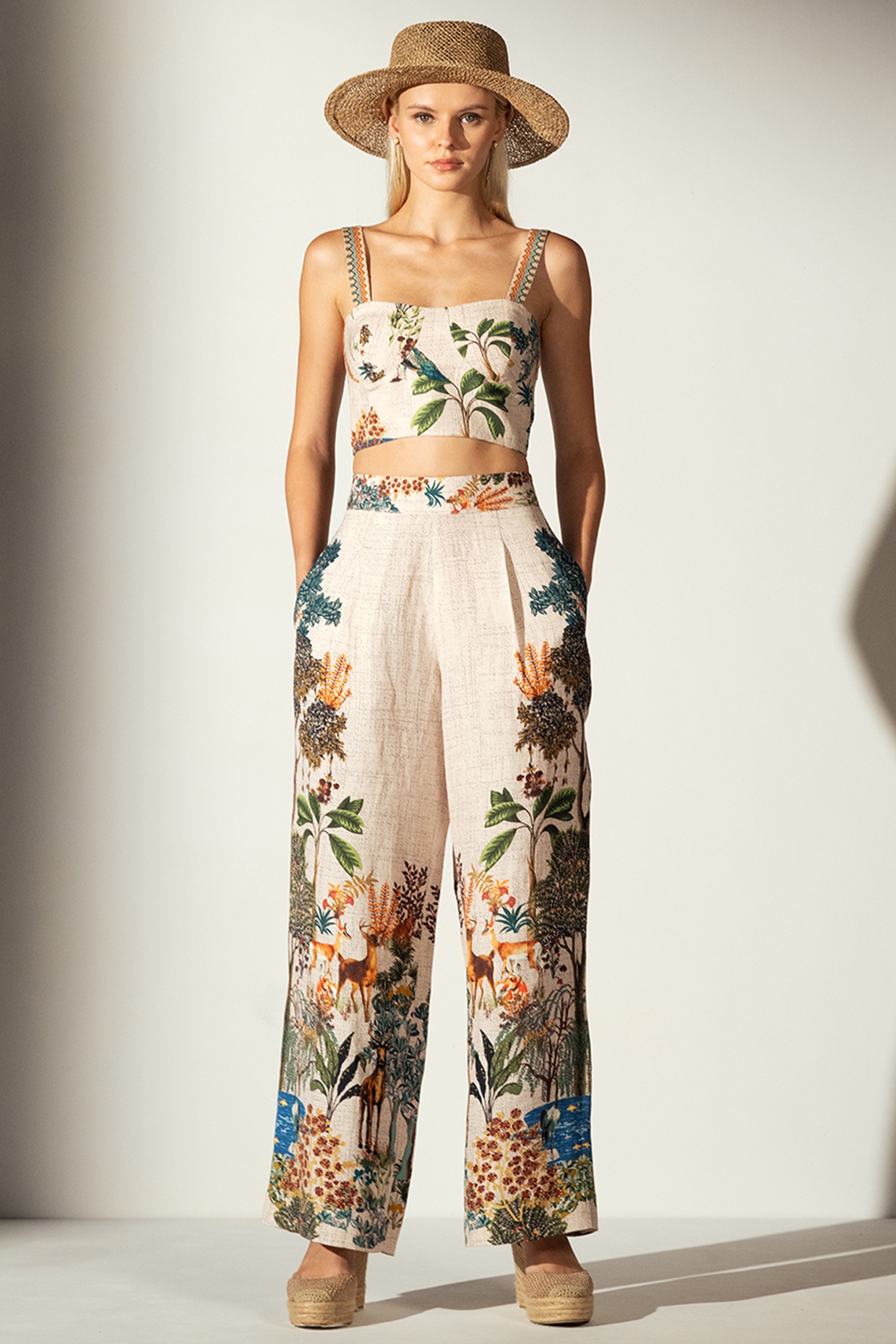 Multi-Colored Linen Blend Amazon Printed Wide-Leg Pants by