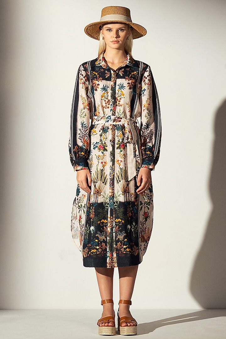 Multi-Colored Linen Blend Amazon Printed Midi Shirt Dress by Ranna Gill