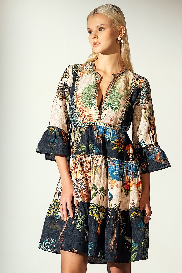 Multi-Colored Linen Blend Amazon Printed Tiered Tunic Dress by Ranna Gill