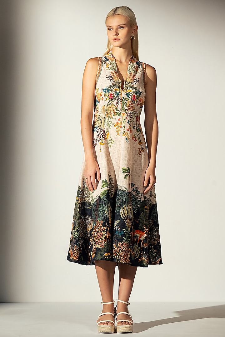 Multi-Colored Linen Blend Amazon Printed Halter Midi Dress by Ranna Gill