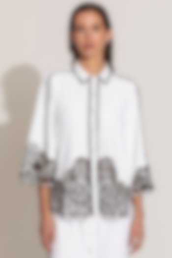 White Crepe Blend Floral Embroidered Shirt by Ranna Gill at Pernia's Pop Up Shop