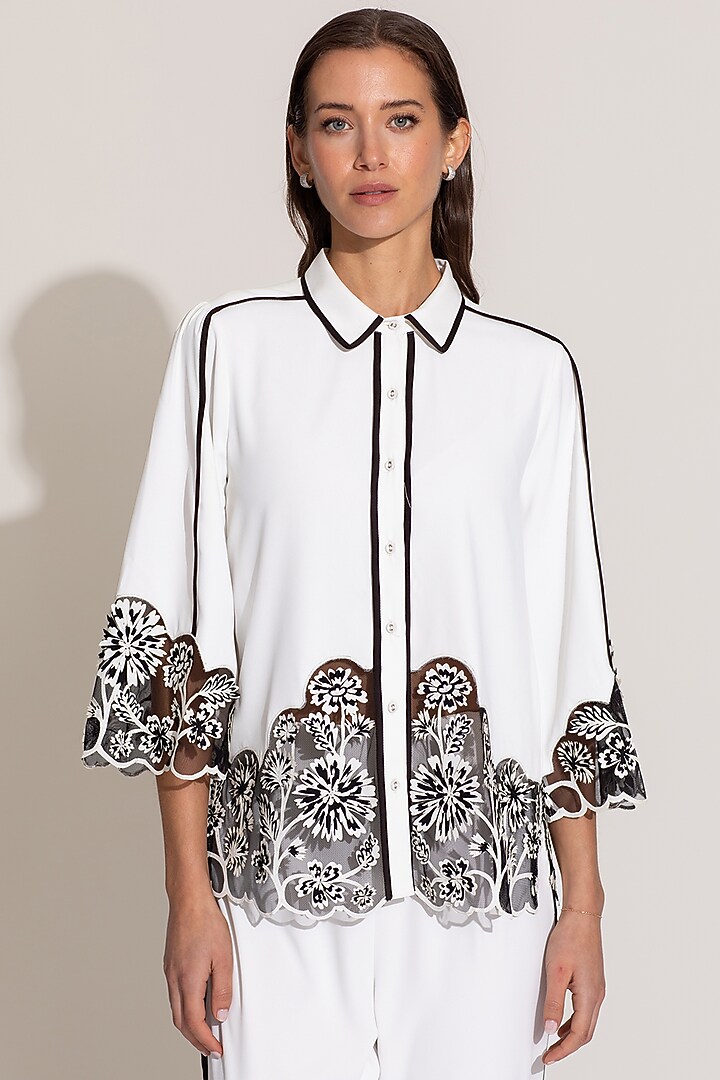 White Crepe Blend Floral Embroidered Shirt by Ranna Gill at Pernia's Pop Up Shop