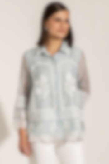 Light Blue Linen Viscose Floral Embroidered Shirt by Ranna Gill at Pernia's Pop Up Shop