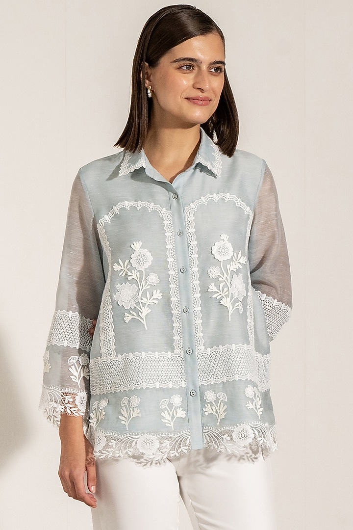 Light Blue Linen Viscose Floral Embroidered Shirt by Ranna Gill at Pernia's Pop Up Shop