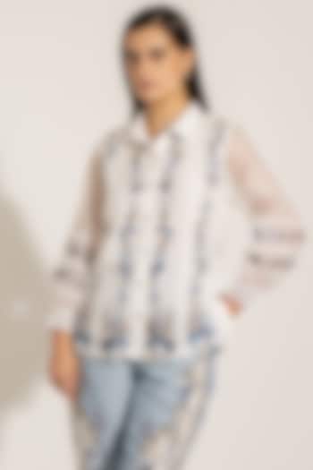 White Dhaka Linen Motif Embroidered Shirt by Ranna Gill at Pernia's Pop Up Shop