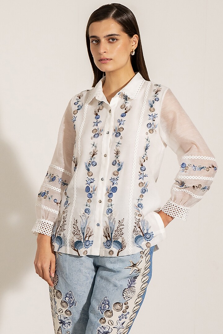 White Dhaka Linen Motif Embroidered Shirt by Ranna Gill at Pernia's Pop Up Shop